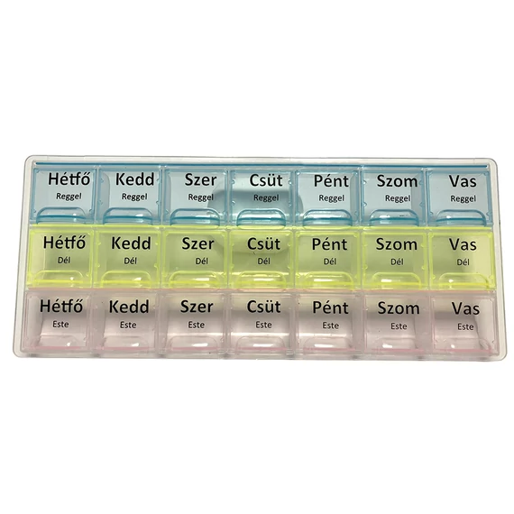 Színkódos hétnapos gyógyszer adagoló (reggel délben este)